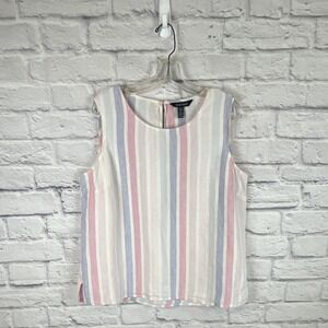 Ellen Tracy Linen Pastel Striped Sleeveless Top Blue Size XL Coastal Grandma
